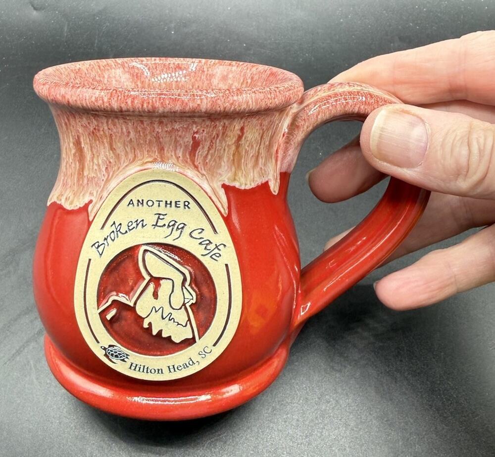 DENEEN Pottery Hand Thrown Red Drip ANOTHER BROKEN EGG CAFE Mug Hilton Head New